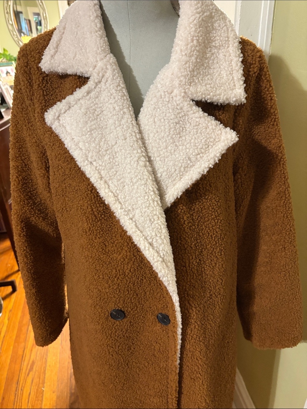 SHEIN Brown Teddy Coat with Cream Sherpa Collar
